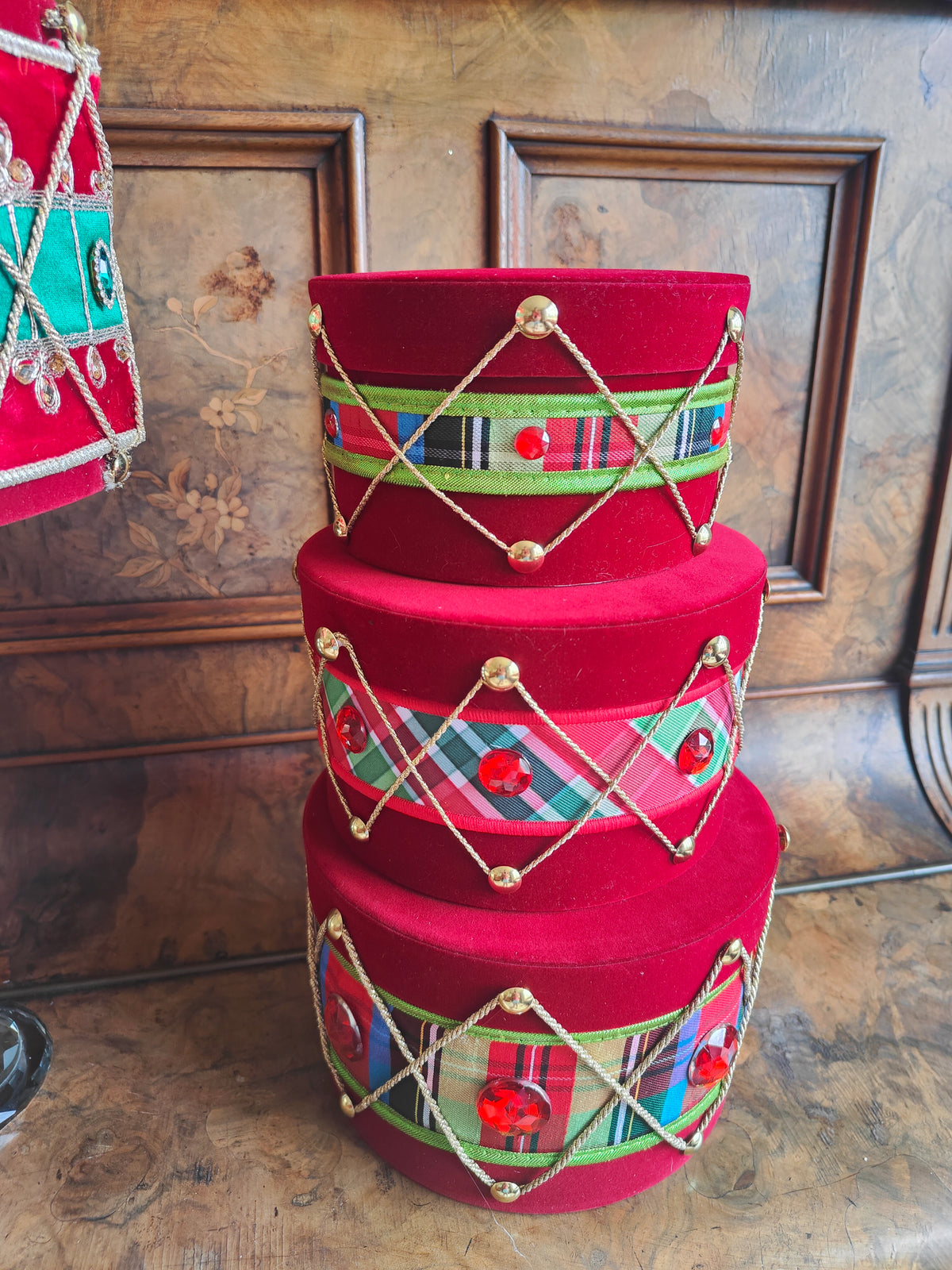 Drum set decorated Christmas drums nutcracker plaid tartan Christmas tree decorations