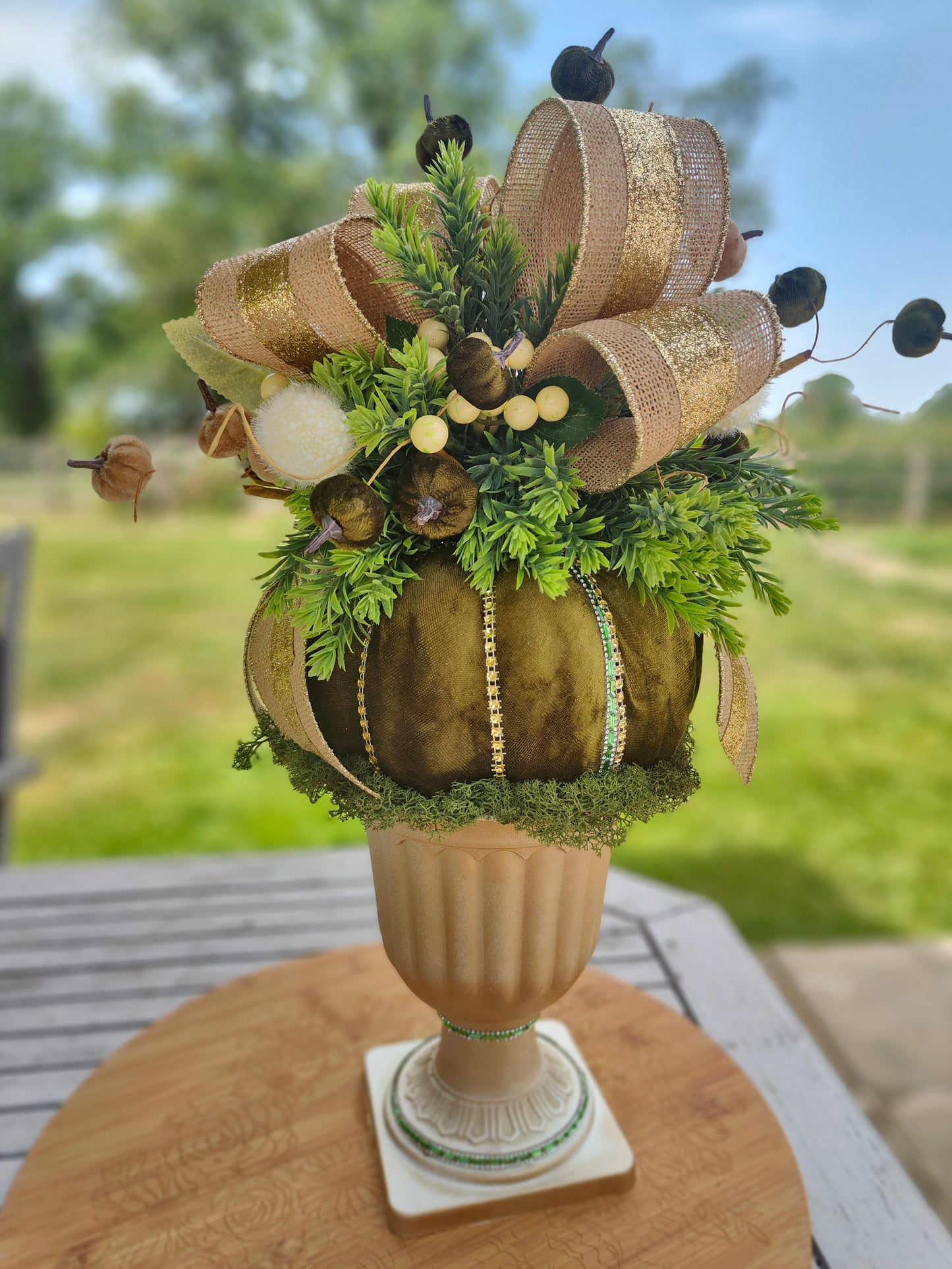Autumn centrepiece pumpkin arrangement tall pedestal display bling pumpkin