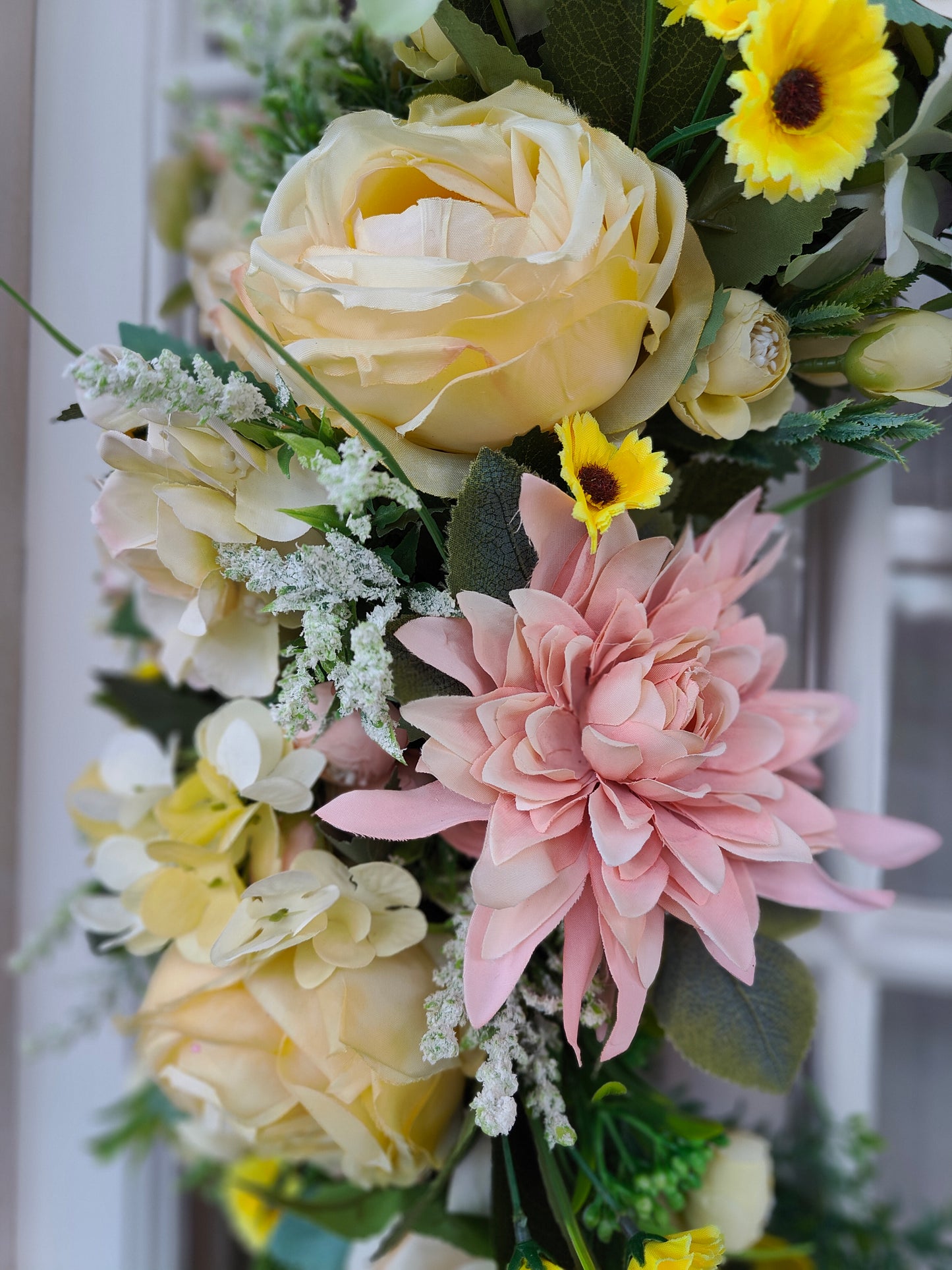 Lemon yellow wreath vintage rose pink large half moon grapevine wreath Spring Summer florals
