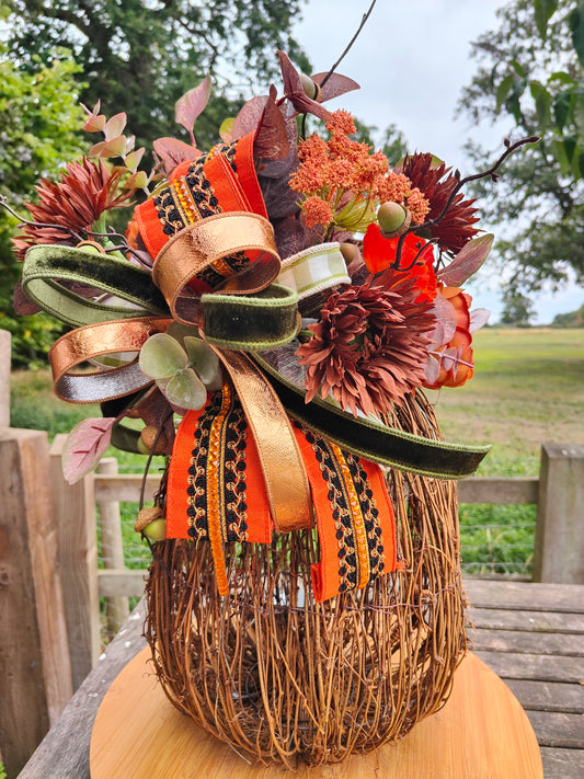 Autumn pumpkin large tall illuminated decorated wicker pumpkin