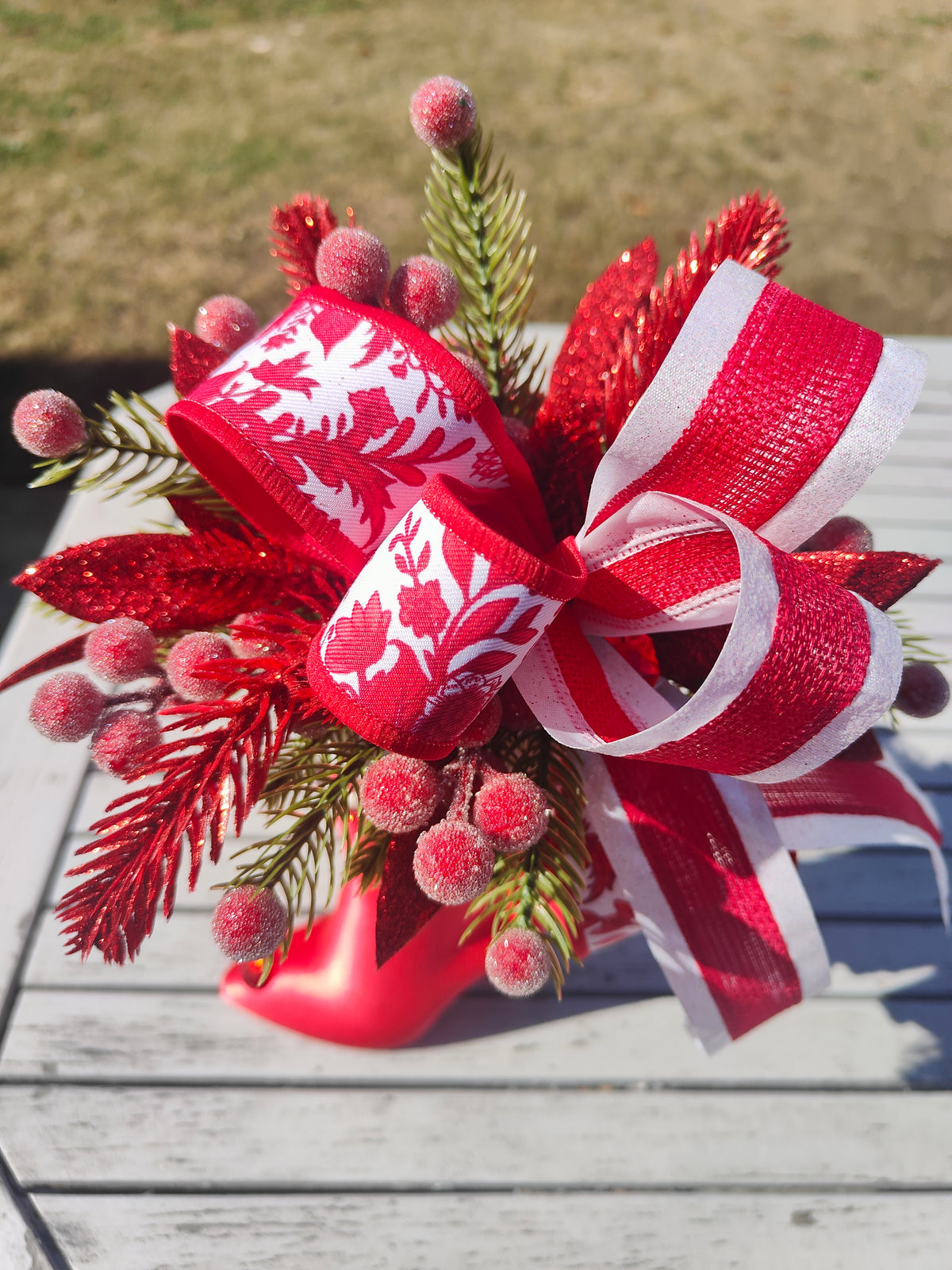 Mrs Claus boot decorated small boot red and white