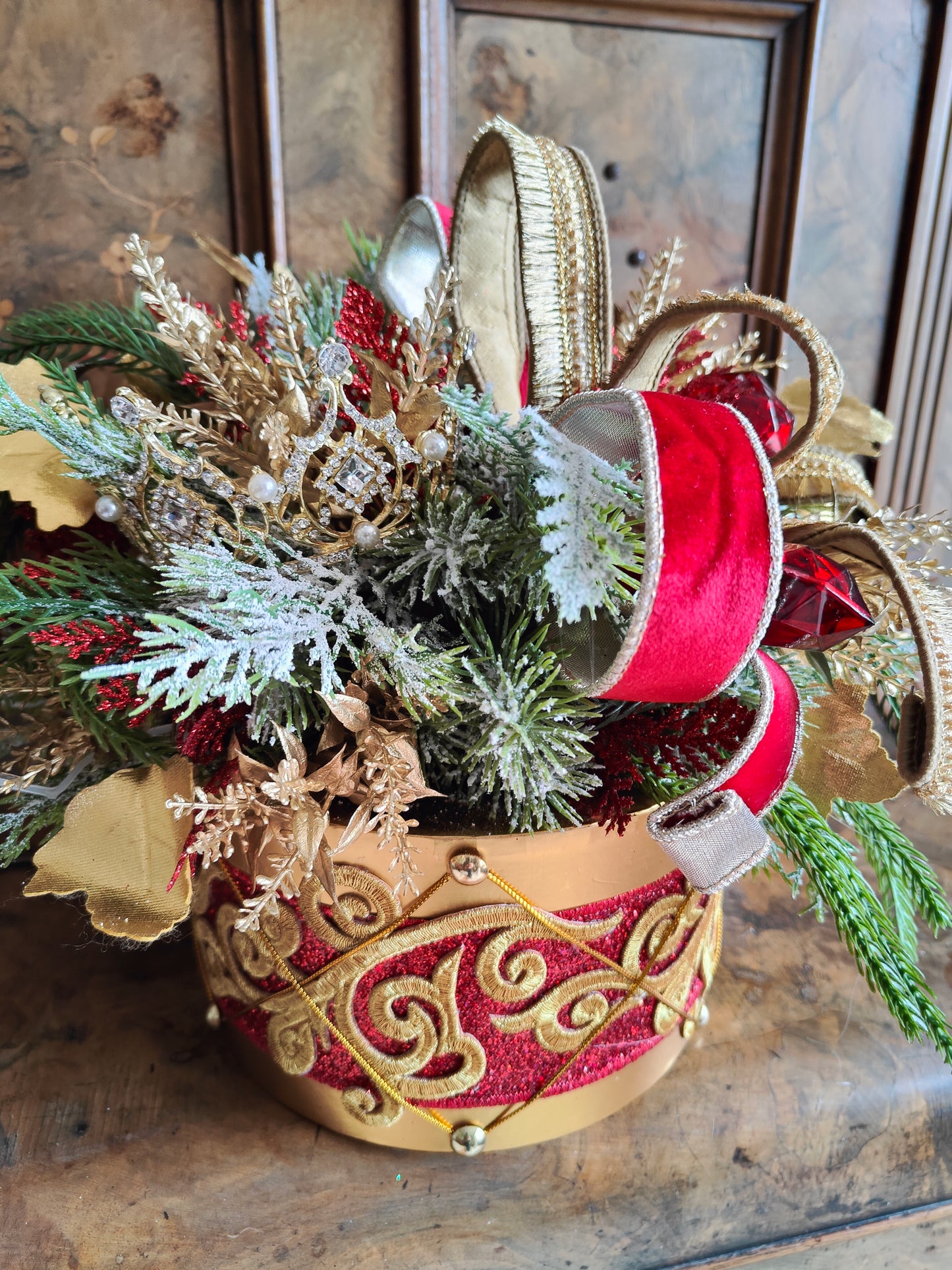 Christmas drum decoration red and gold regal centrepiece Farrisilk ribbons gems