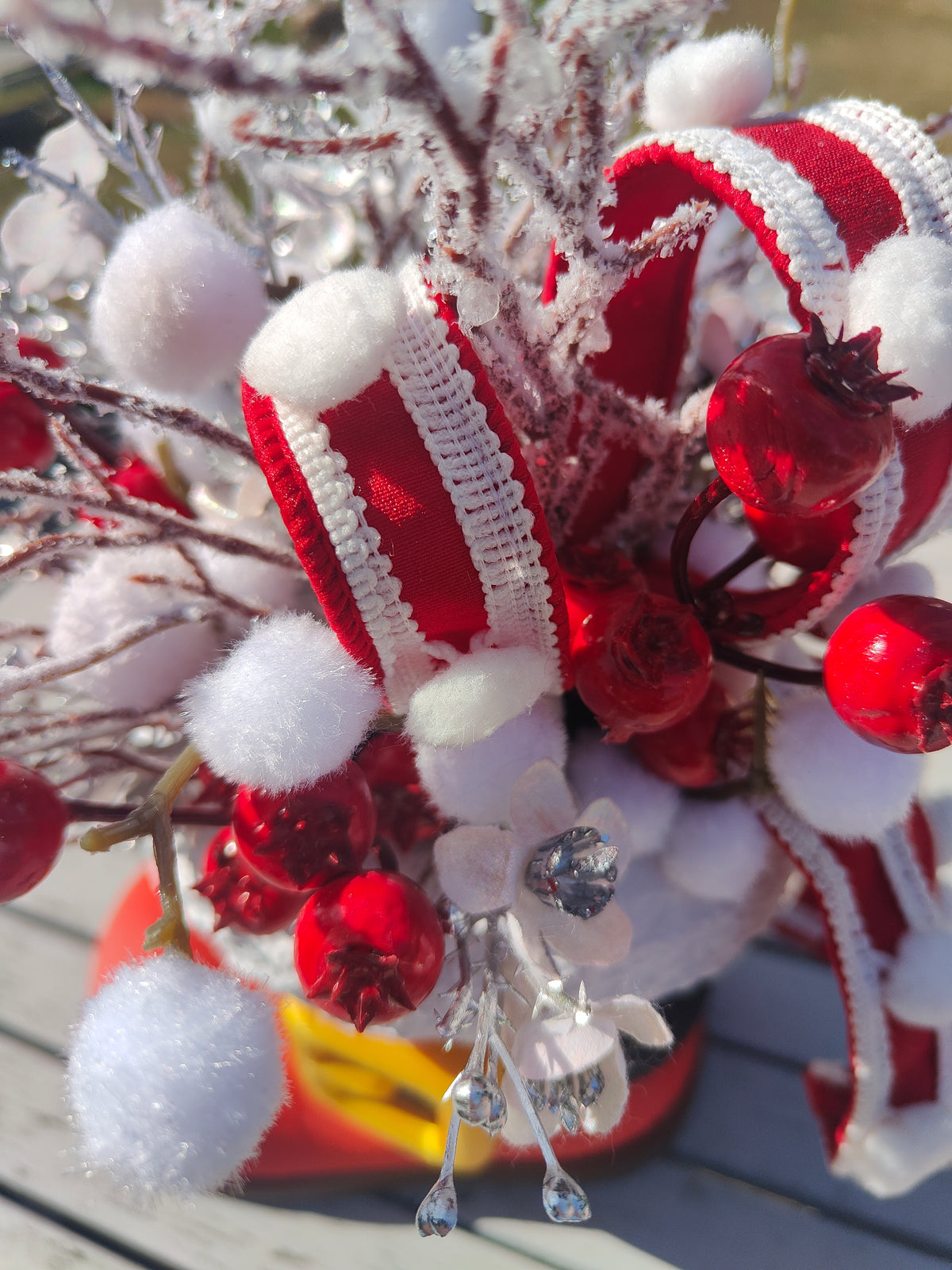 Santa boot centrepiece arrangement Christmas decoration red and white
