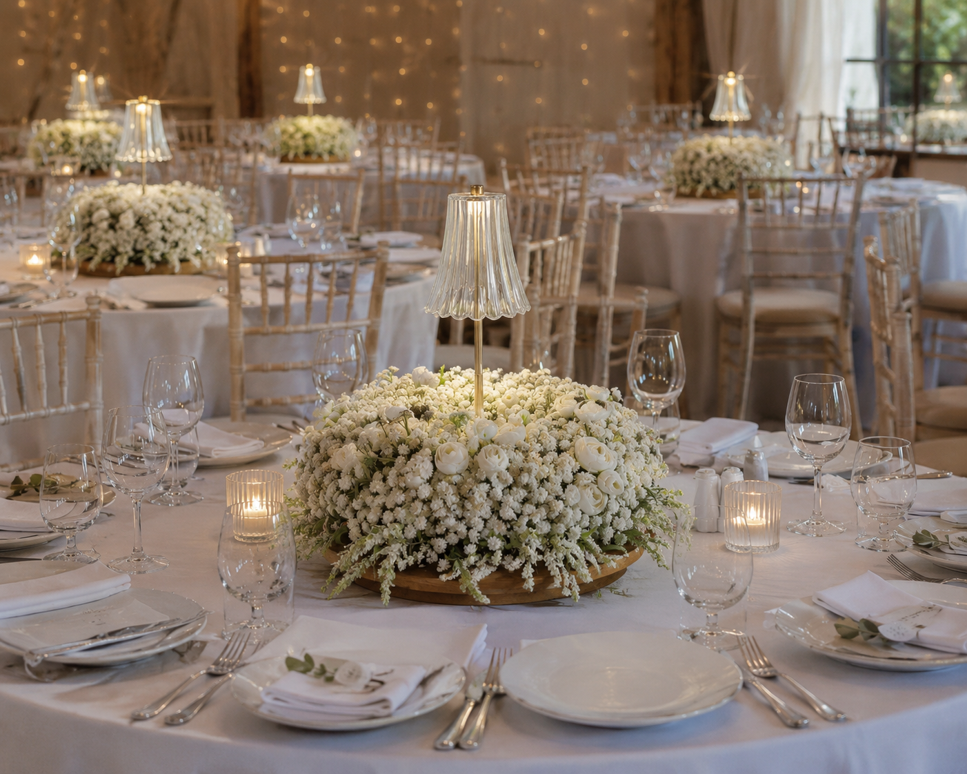 Gypsophilia tablecentre circular centrepiece wedding event flowers