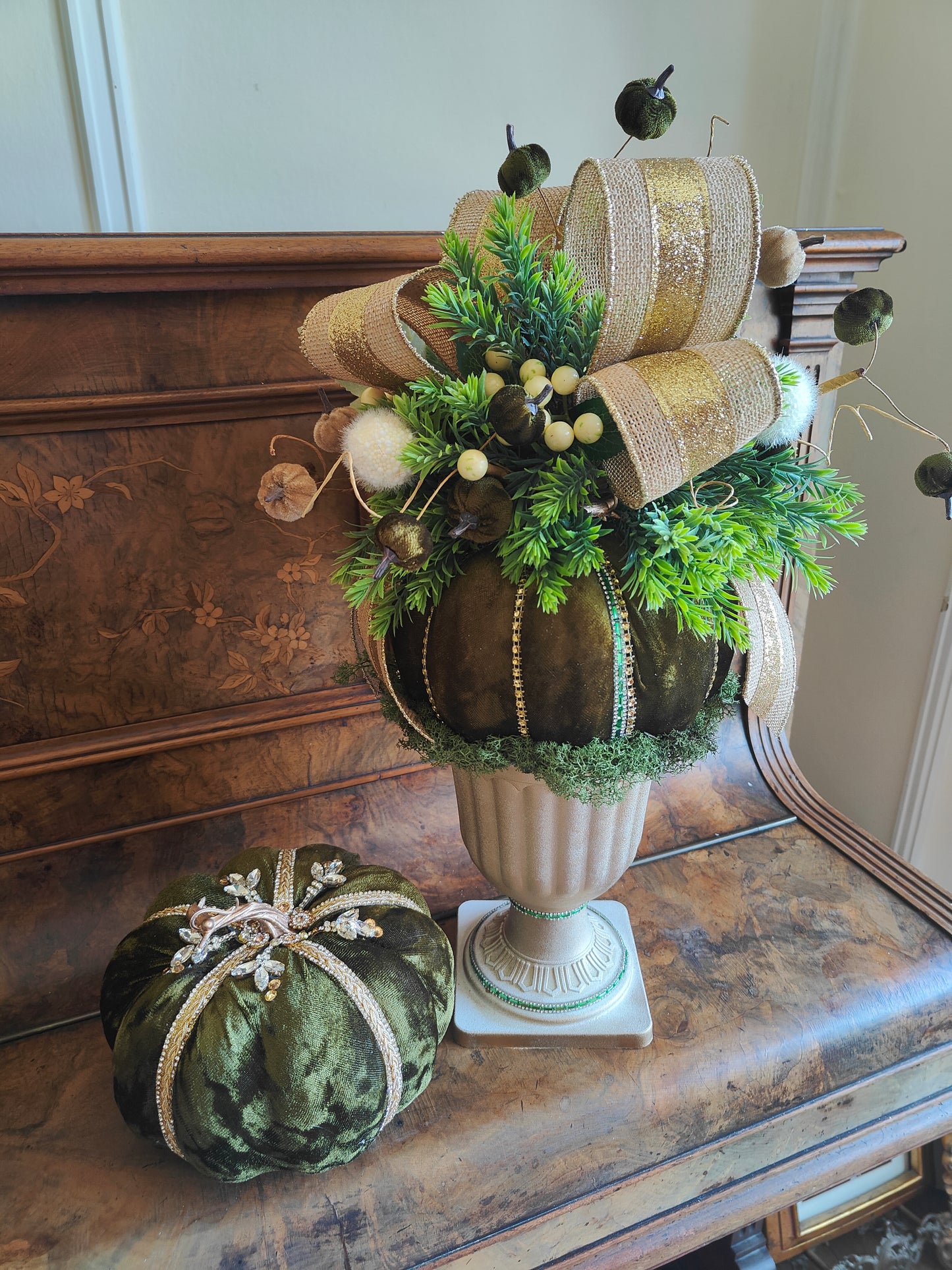 Pumpkin bling embellished deep green velvet 20cm decorated Autumn pumpkin