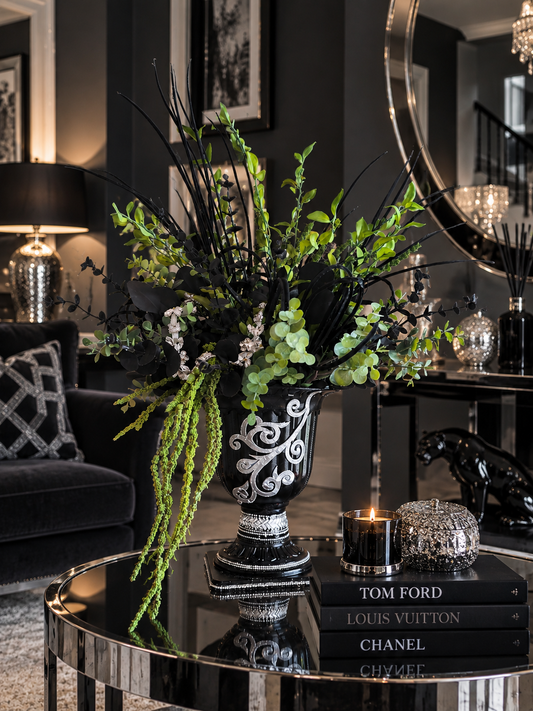Black, silver diamante flower arrangement bling centrepiece tablecentre