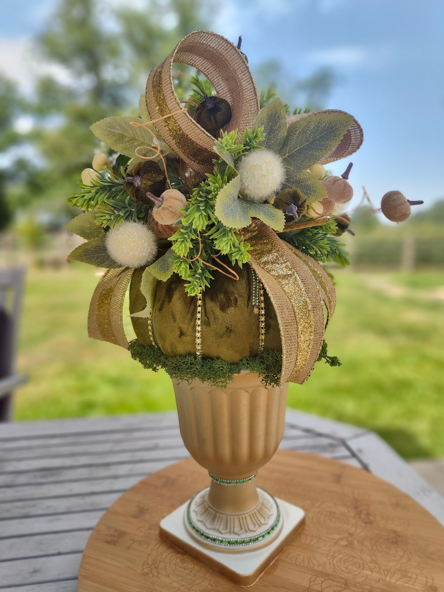 Autumn centrepiece pumpkin arrangement tall pedestal display bling pumpkin