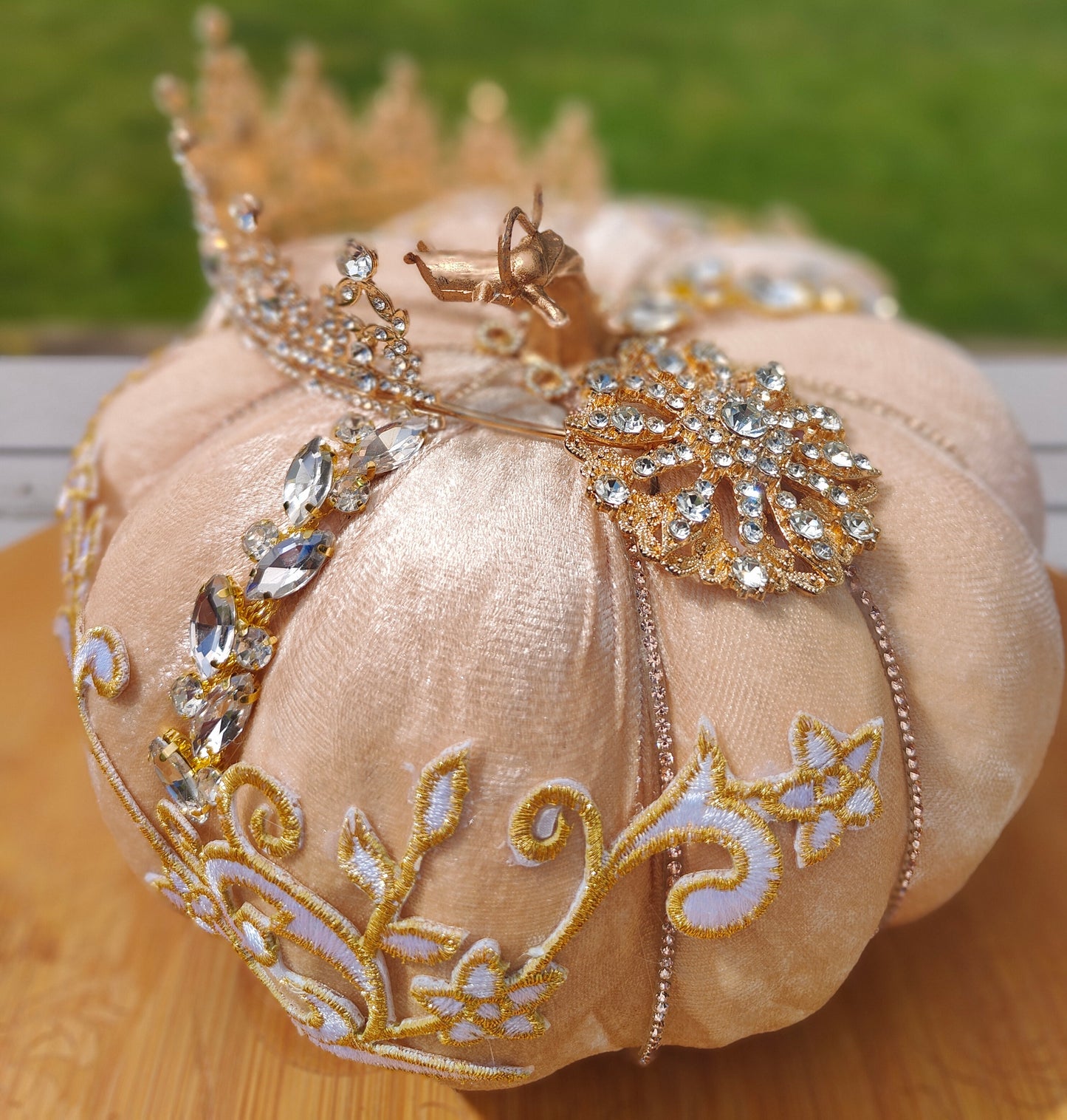 Pumpkin Cinderella cream velvet Autumn decor display centrepiece Bling tablecentre decoration embellished with jewels gems