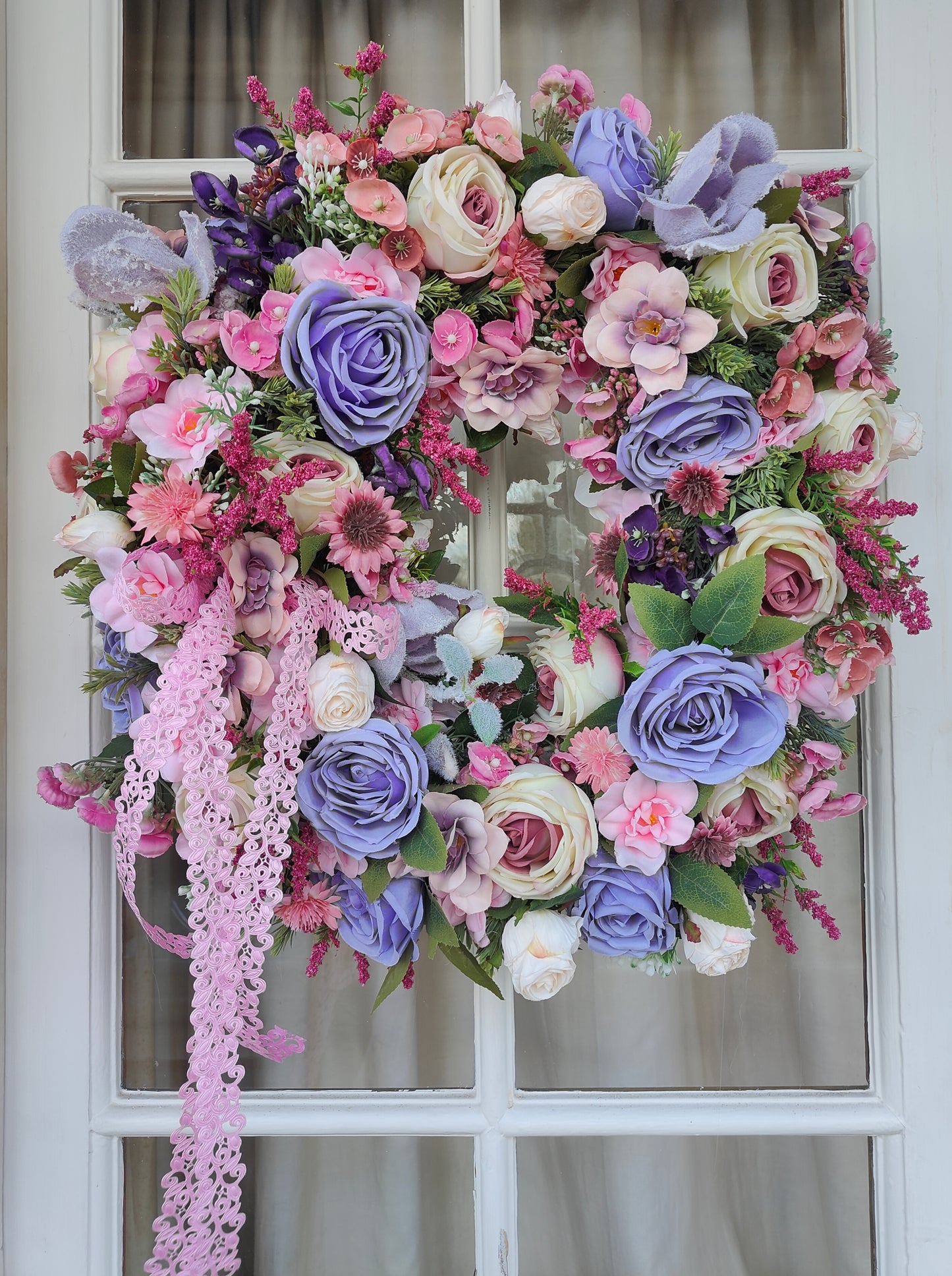Pink lilac lavender wreath roses Bridgerton door wreath hanger large Spring Summer artificial flowers