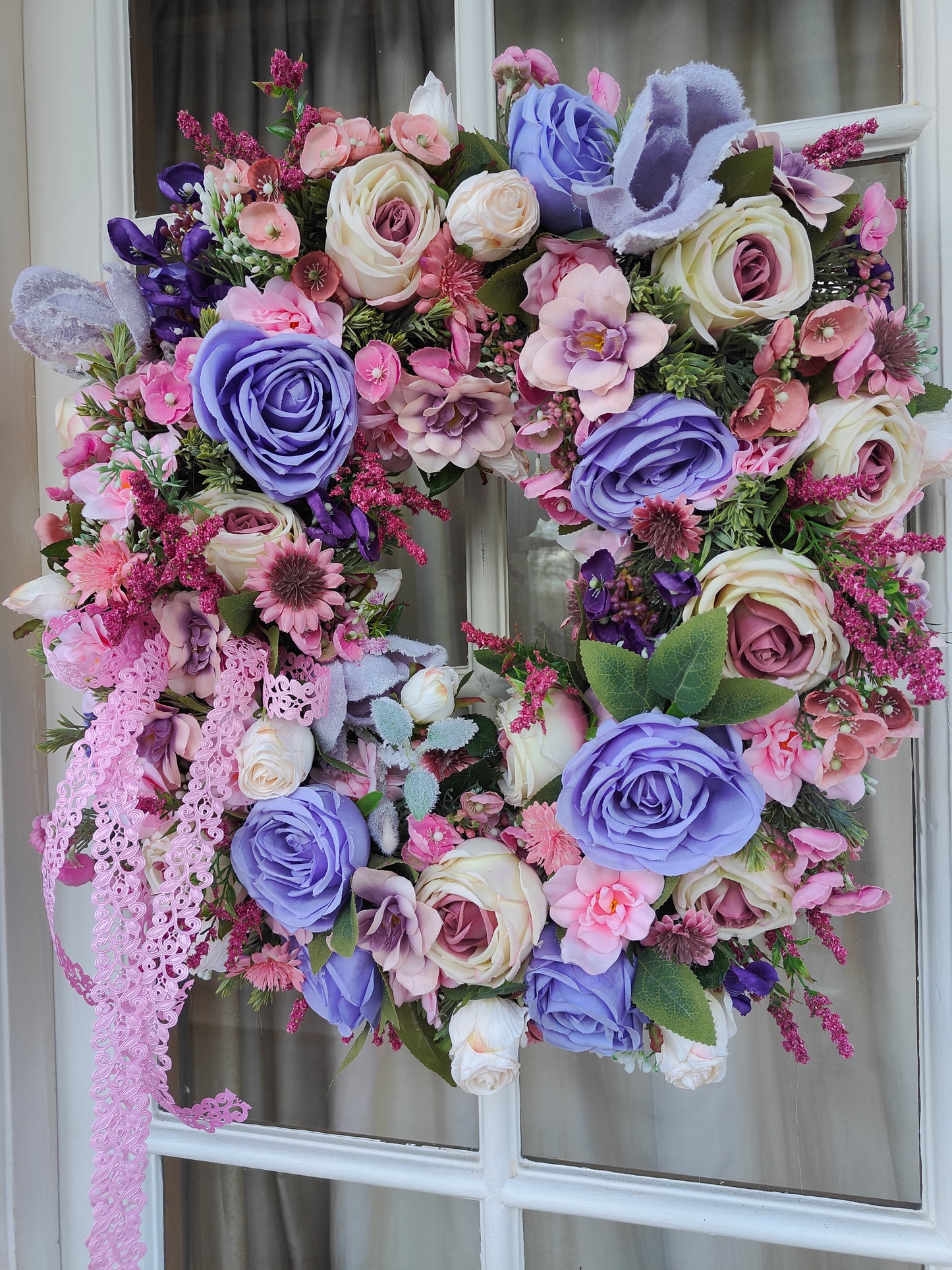 Pink lilac lavender wreath roses Bridgerton door wreath hanger large Spring Summer artificial flowers