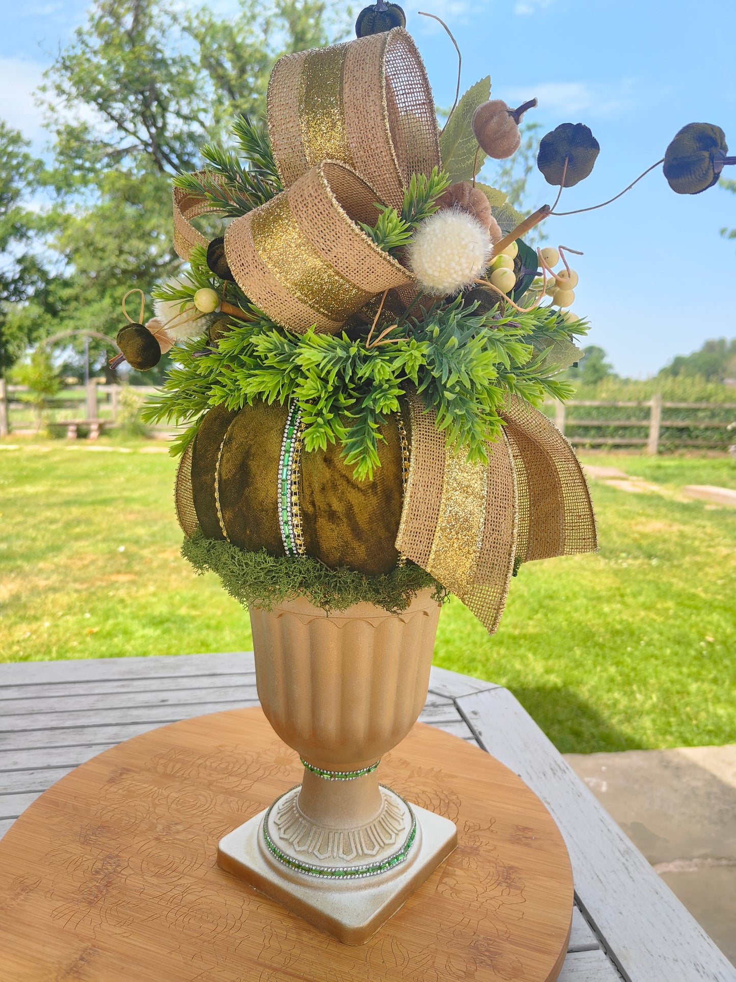 Autumn centrepiece pumpkin arrangement tall pedestal display bling pumpkin