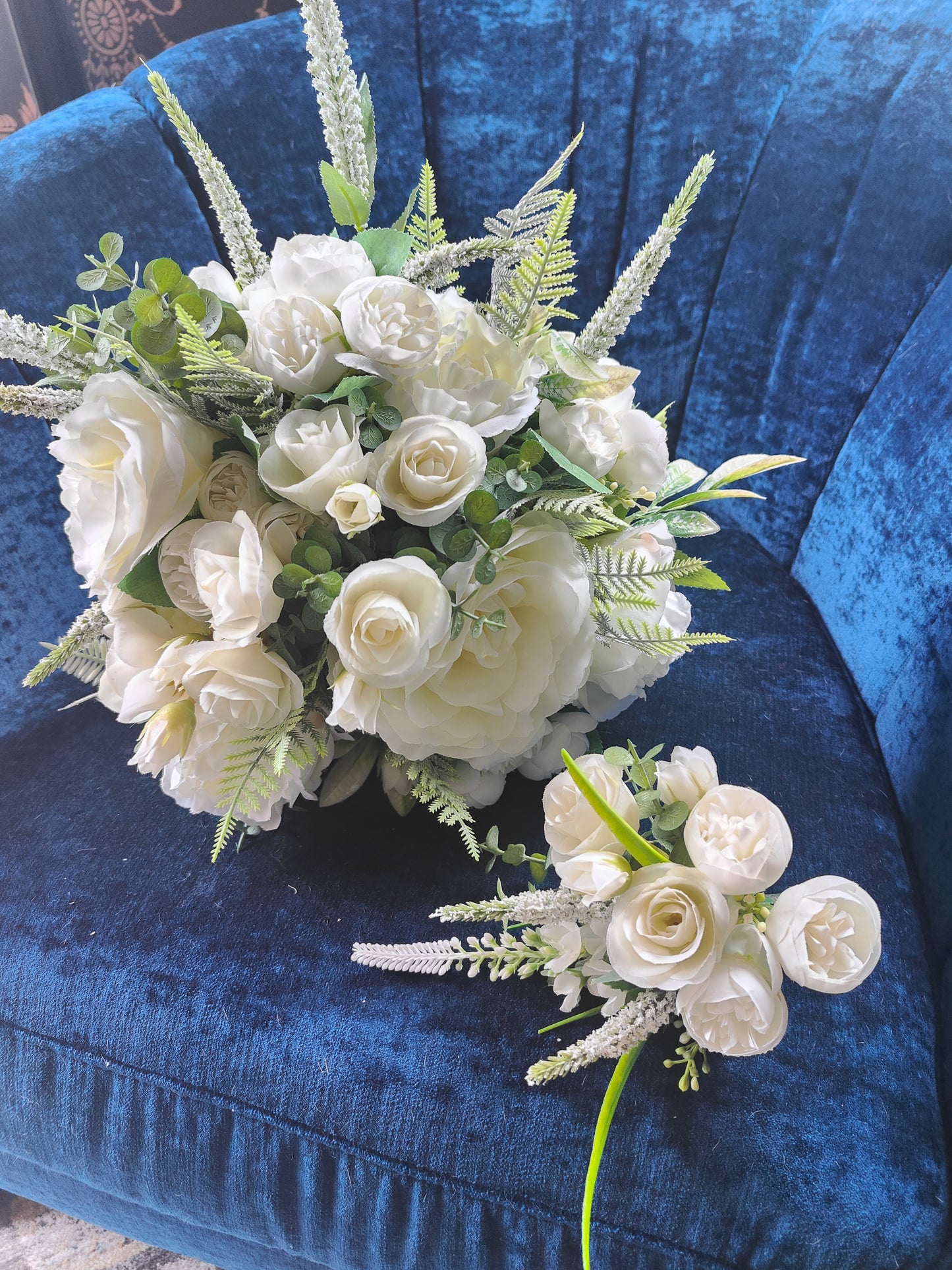 Bride bouquet white roses, peonies, ranunculus and matching groom button hole