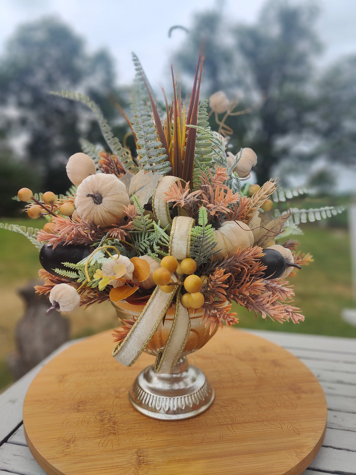Autumn centrepiece tablecentre pumpkins artificial flower arrangement brown, cream, green