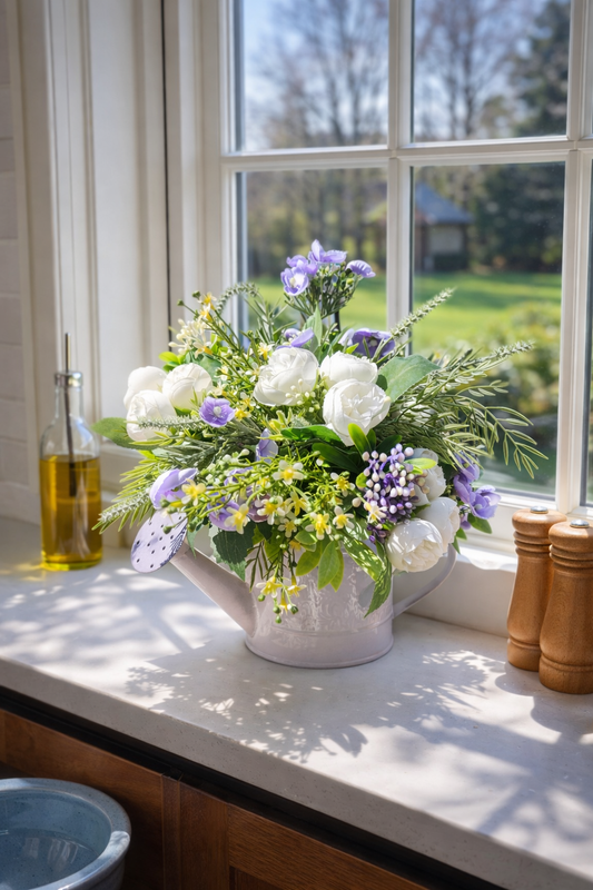 Flower arrangement watering can planter lilac lavender pinks