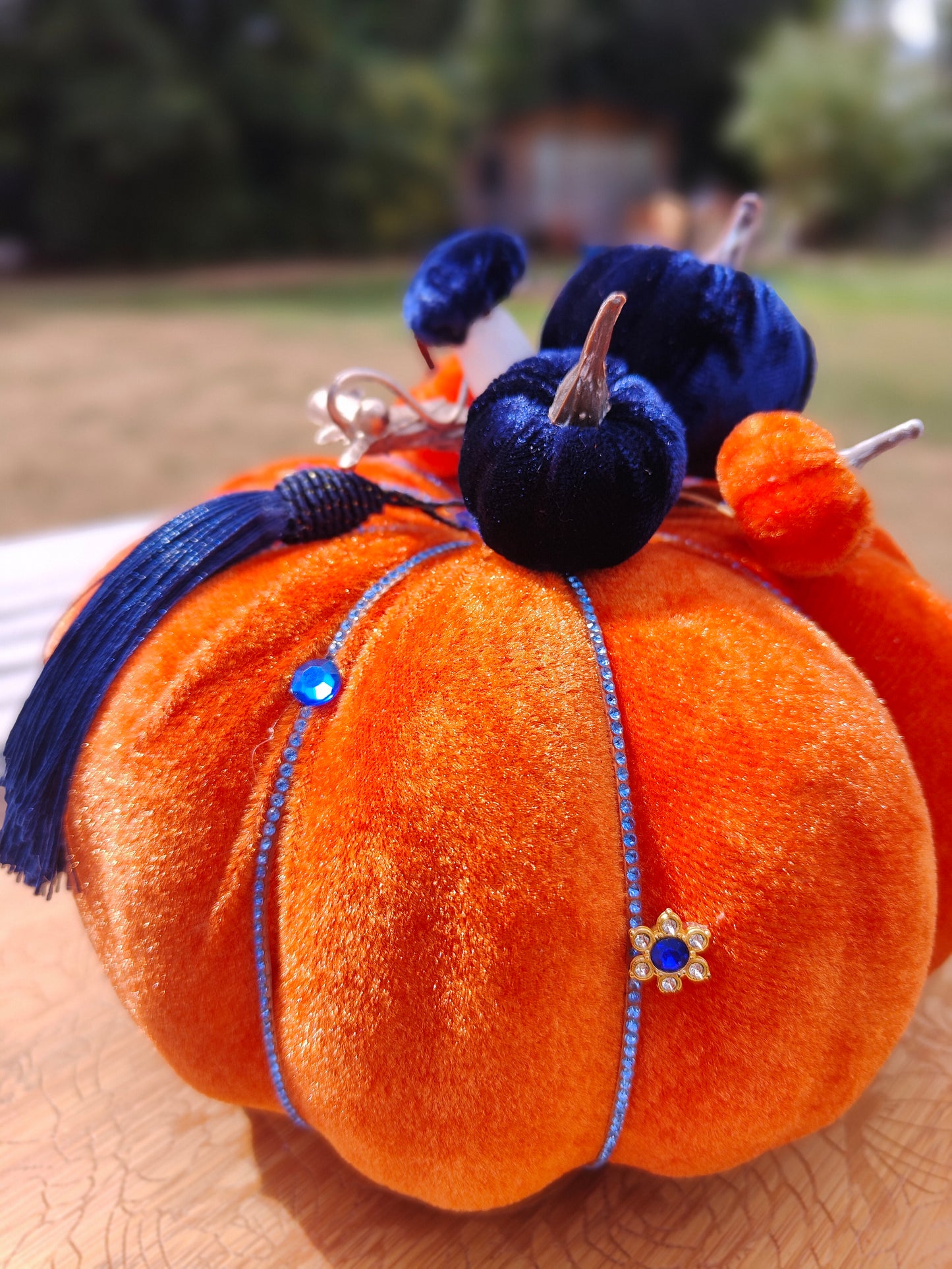 Pumpkin orange velvet bling embellished decorated pumpkin decor