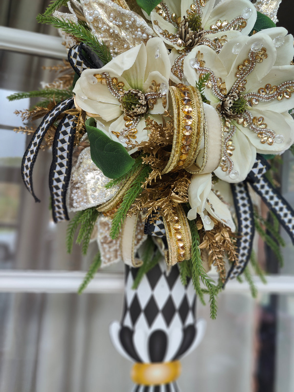 Mackenzie Childs inspired vase wall hanger swag cream magnolias