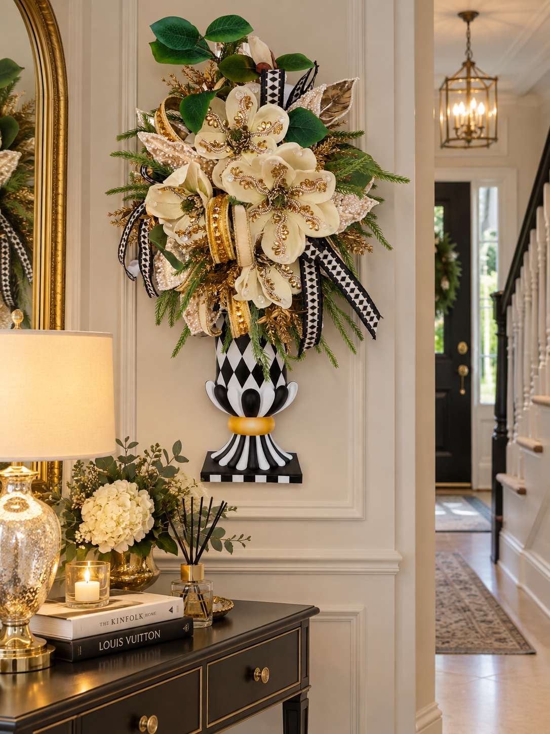 Mackenzie Childs inspired vase wall hanger swag cream magnolias