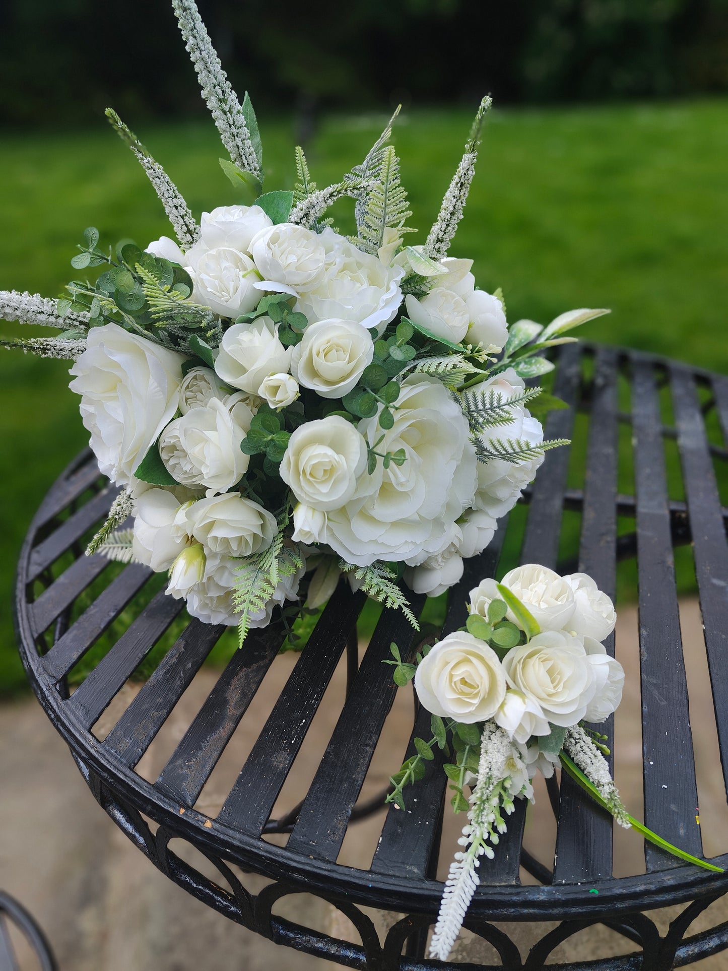 Bride bouquet white roses, peonies, ranunculus and matching groom button hole
