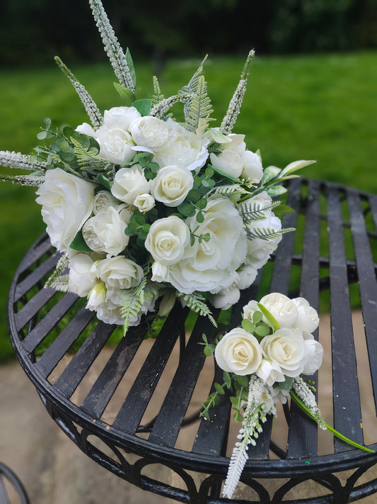 Bride bouquet white roses, peonies, ranunculus and matching groom button hole