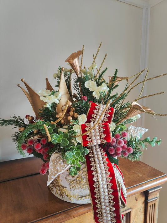 Christmas tablecentre luxury ivory red gold arrangement centrepiece