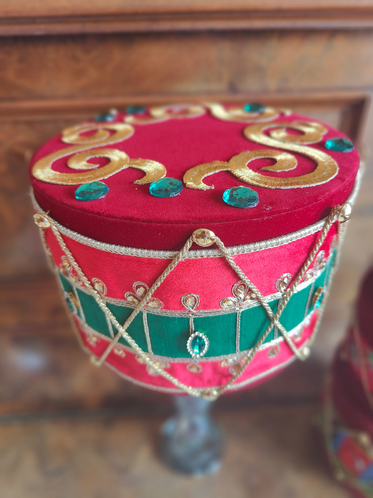 Large Christmas drum deep red burgundy tartan plaid nutcracker velvet decoration