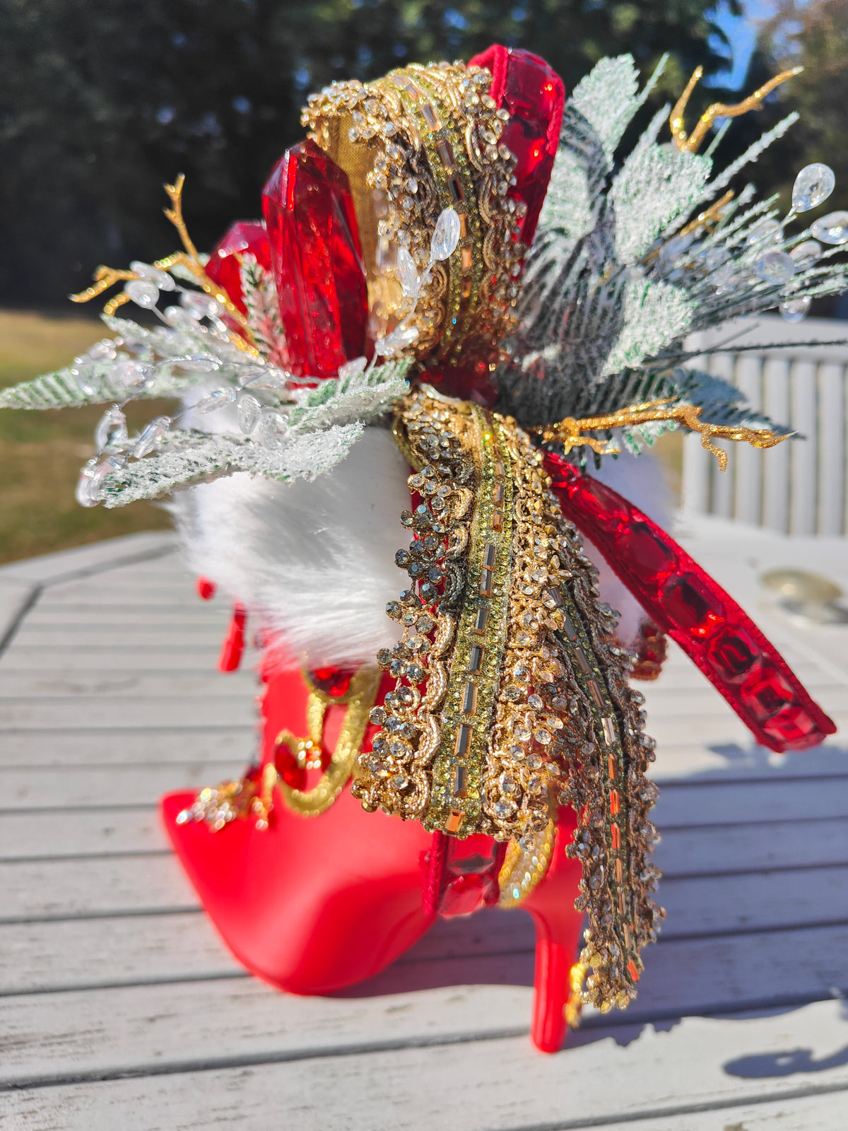 Mrs Claus boot high heeled red embellished centrepiece deluxe