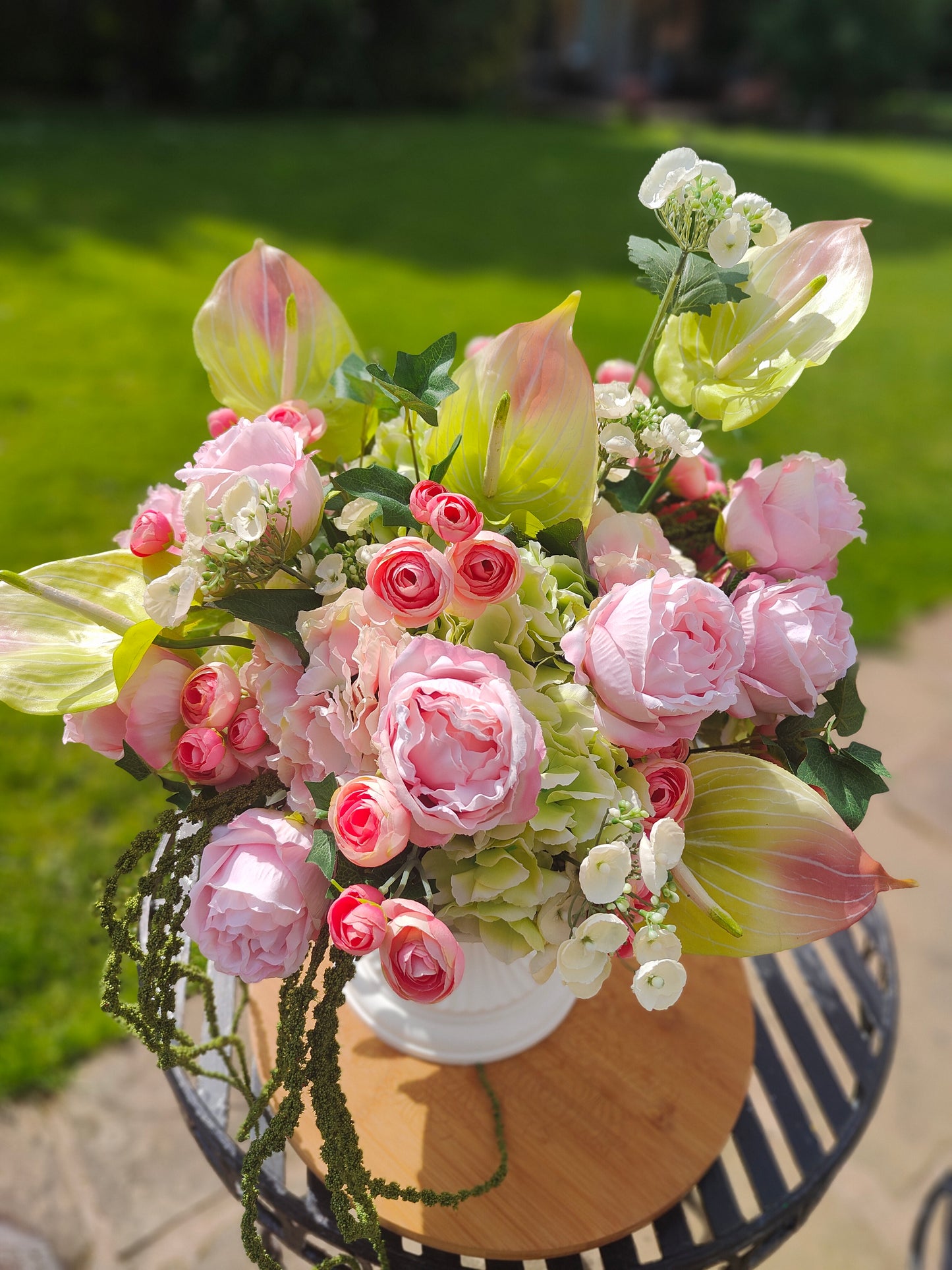 Pink and green large urn planter centrepiece tablecentre, wedding flowers, garden decor