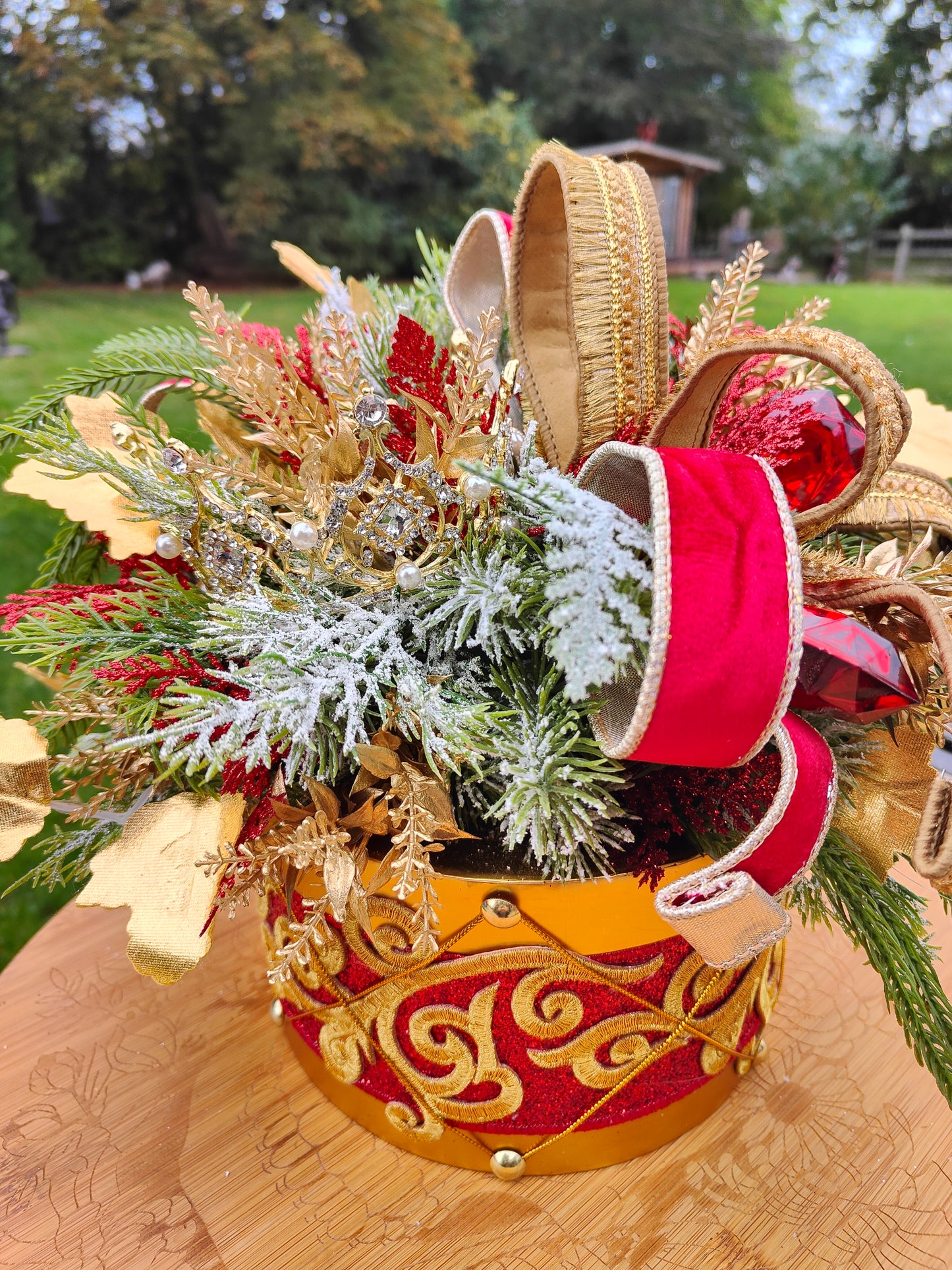 Christmas drum decoration red and gold regal centrepiece Farrisilk ribbons gems