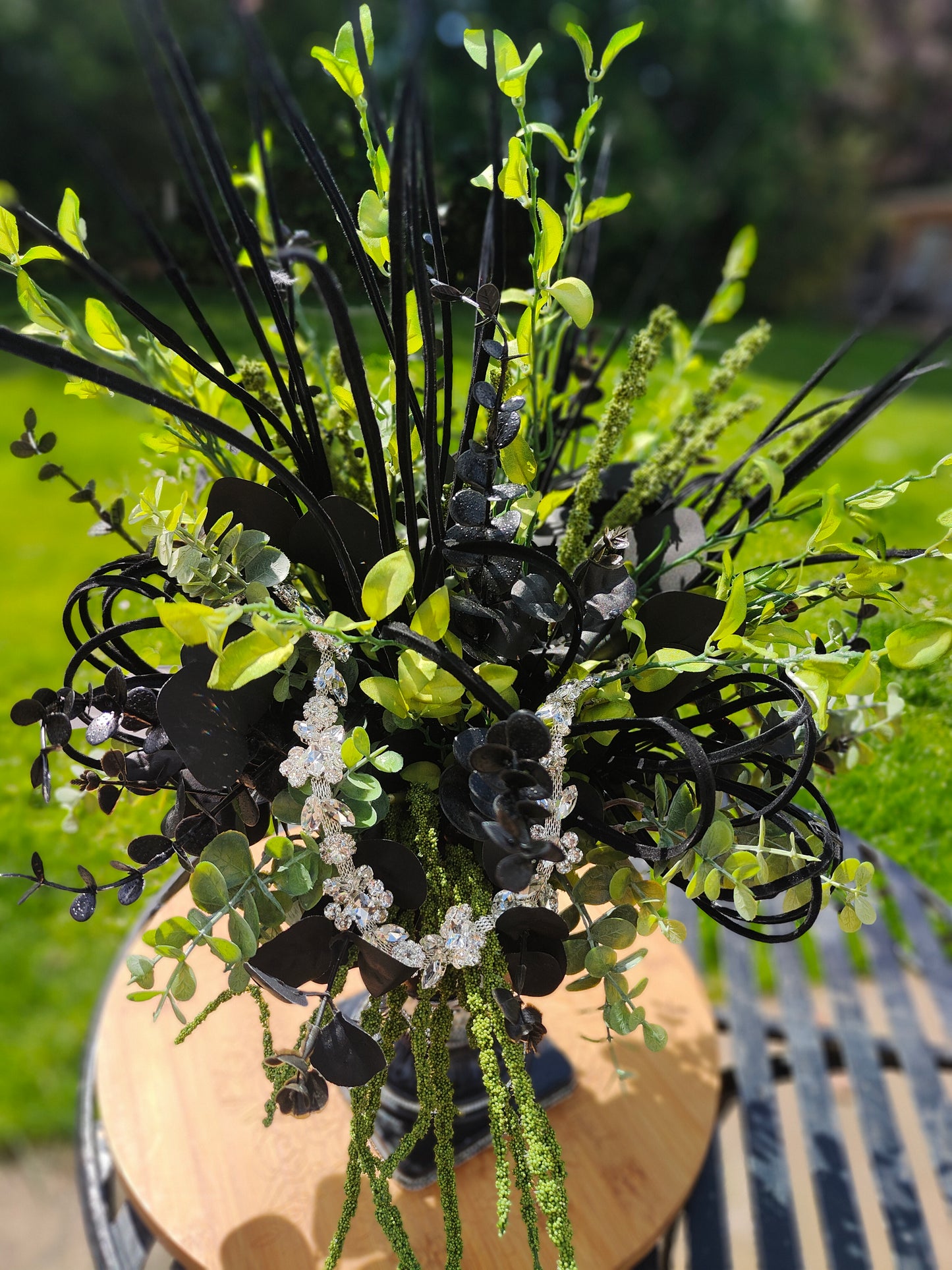 Black, green, diamante flower arrangement bling centrepiece tablecentre Halloween
