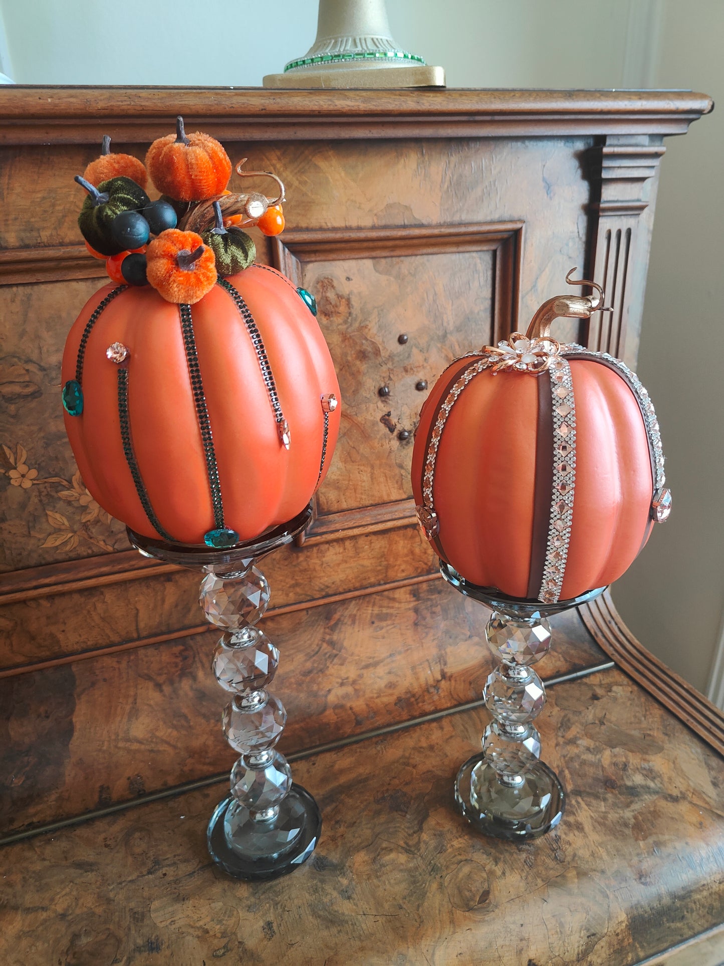 Pumpkins orange bling embellished diamante Autumn decor tablecentre pair