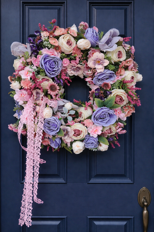 Pink lilac lavender wreath roses Bridgerton door wreath hanger large Spring Summer artificial flowers