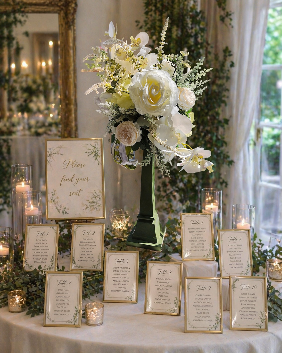 White flower arrangement candlestick tall centrepiece peonies hydrangea orchids ivory artificial flowers