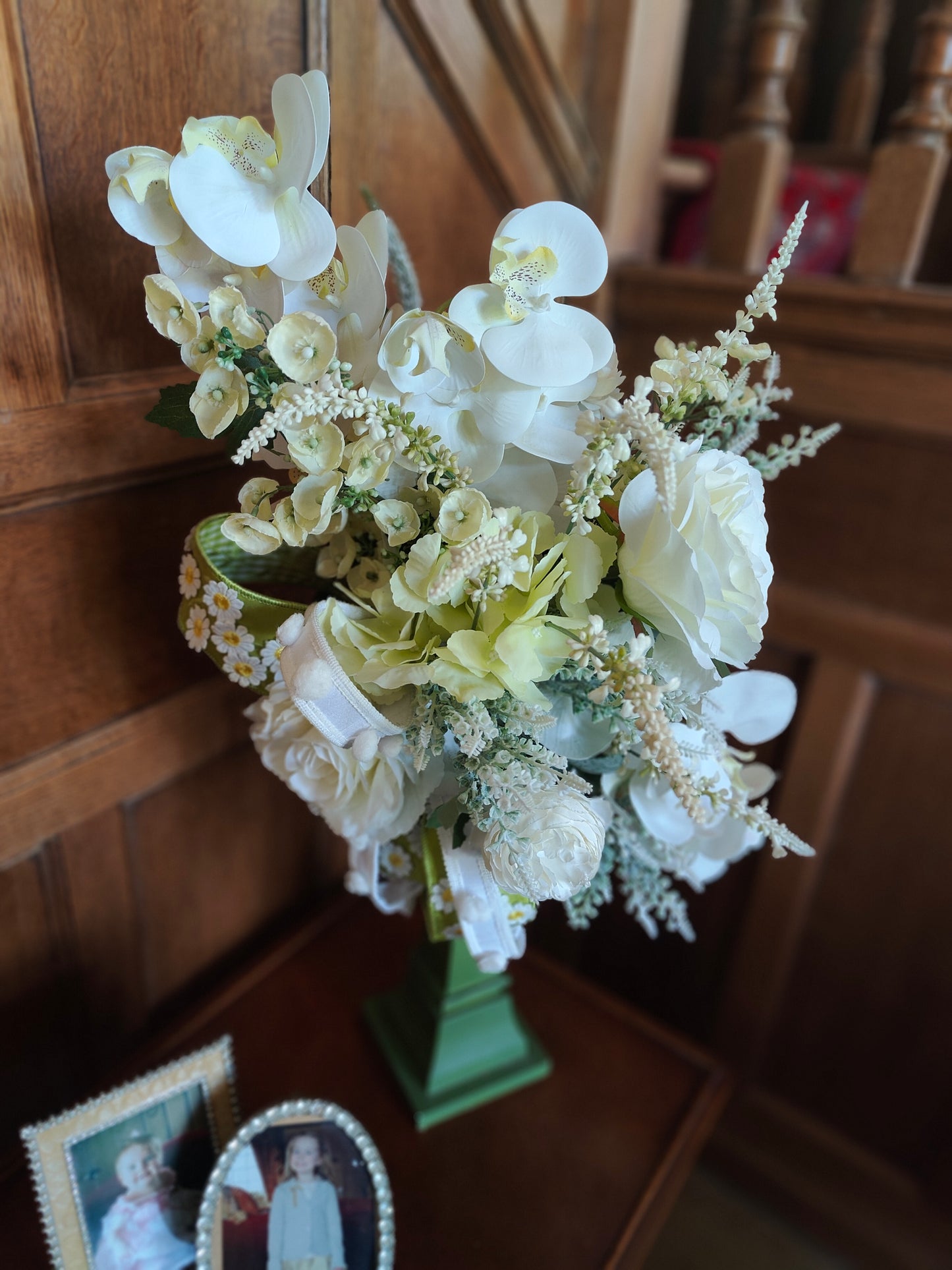 White flower arrangement candlestick tall centrepiece peonies hydrangea orchids ivory artificial flowers