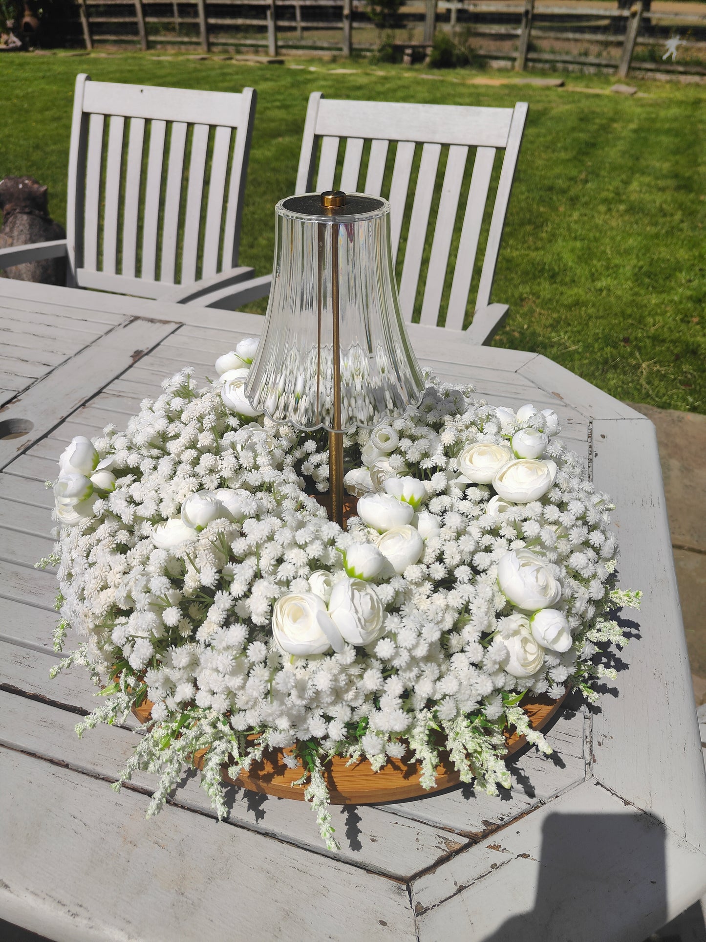 Gypsophilia tablecentre circular centrepiece wedding event flowers