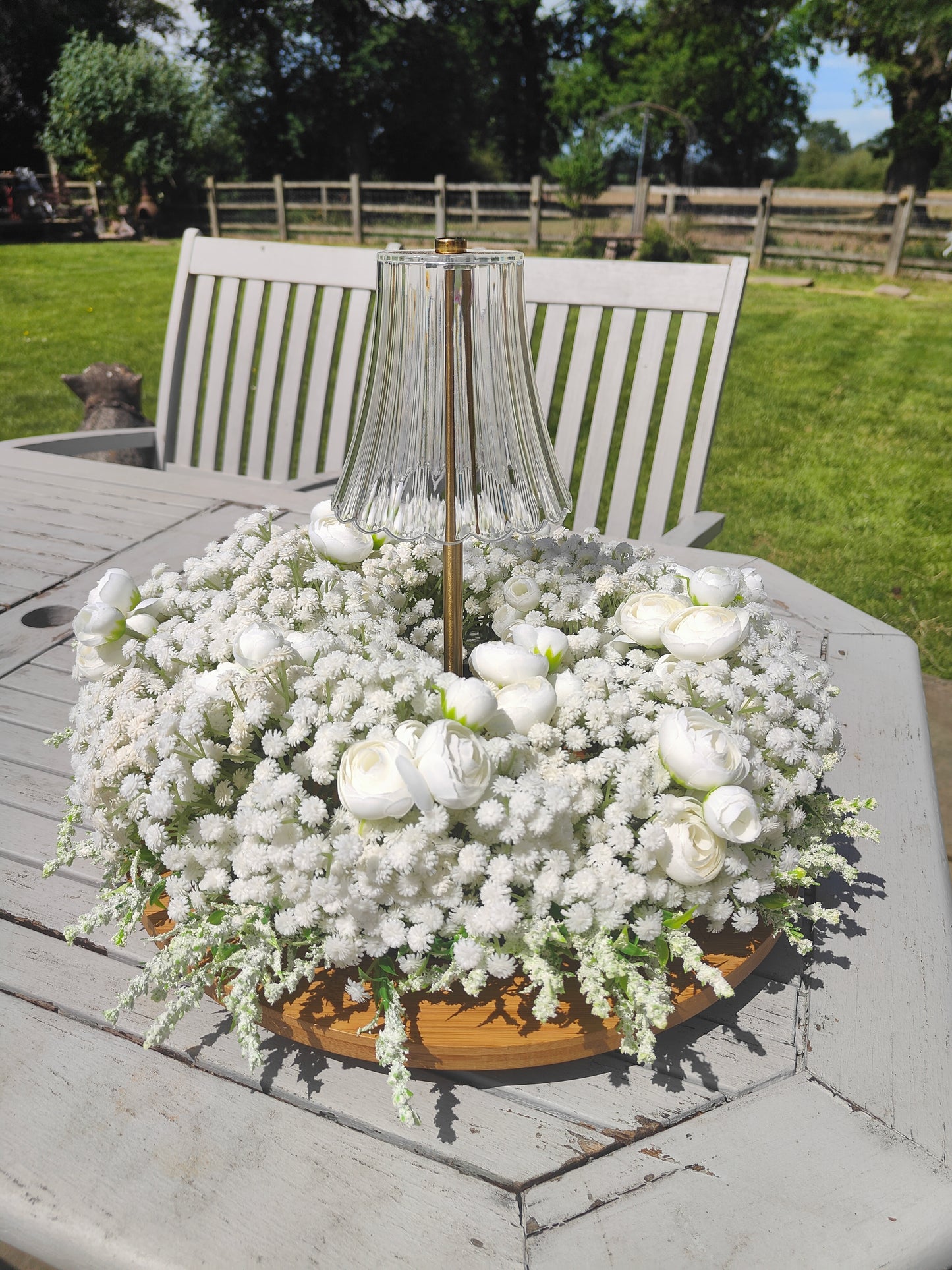 Gypsophilia tablecentre circular centrepiece wedding event flowers