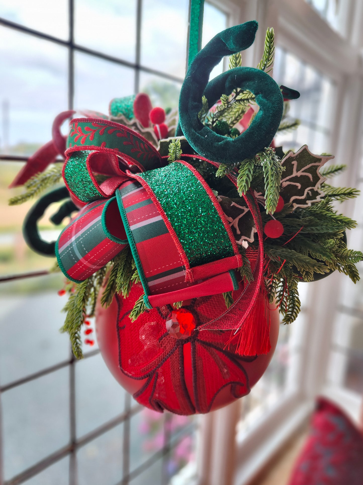 Bauble large decorated hanging red Christmas bauble 20cm