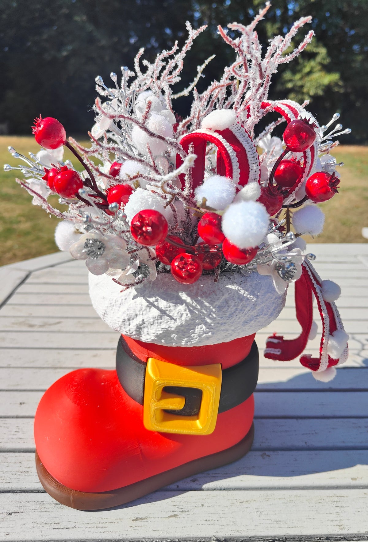 Santa boot centrepiece arrangement Christmas decoration red and white