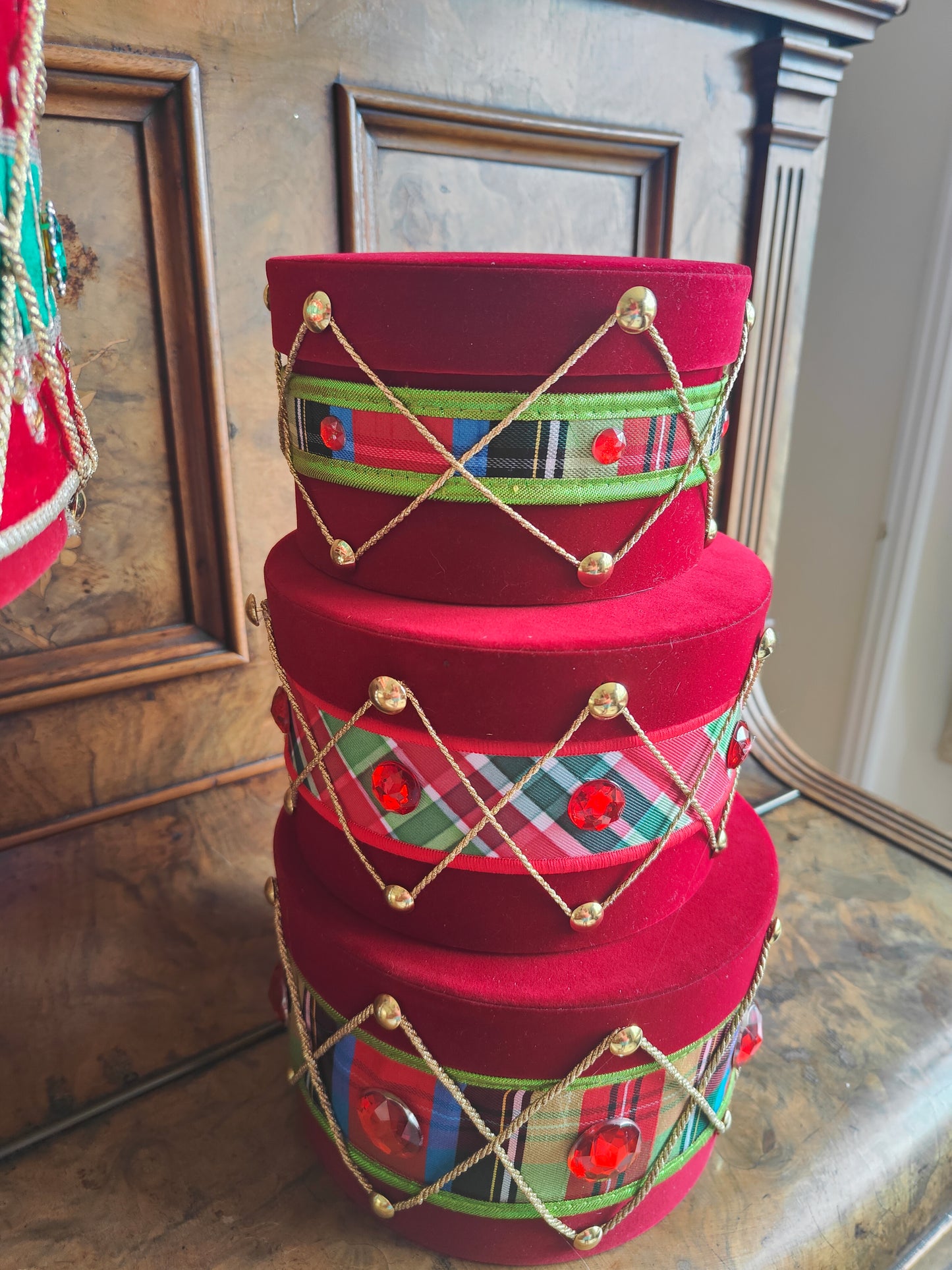 Drum set decorated Christmas drums nutcracker plaid tartan Christmas tree decorations