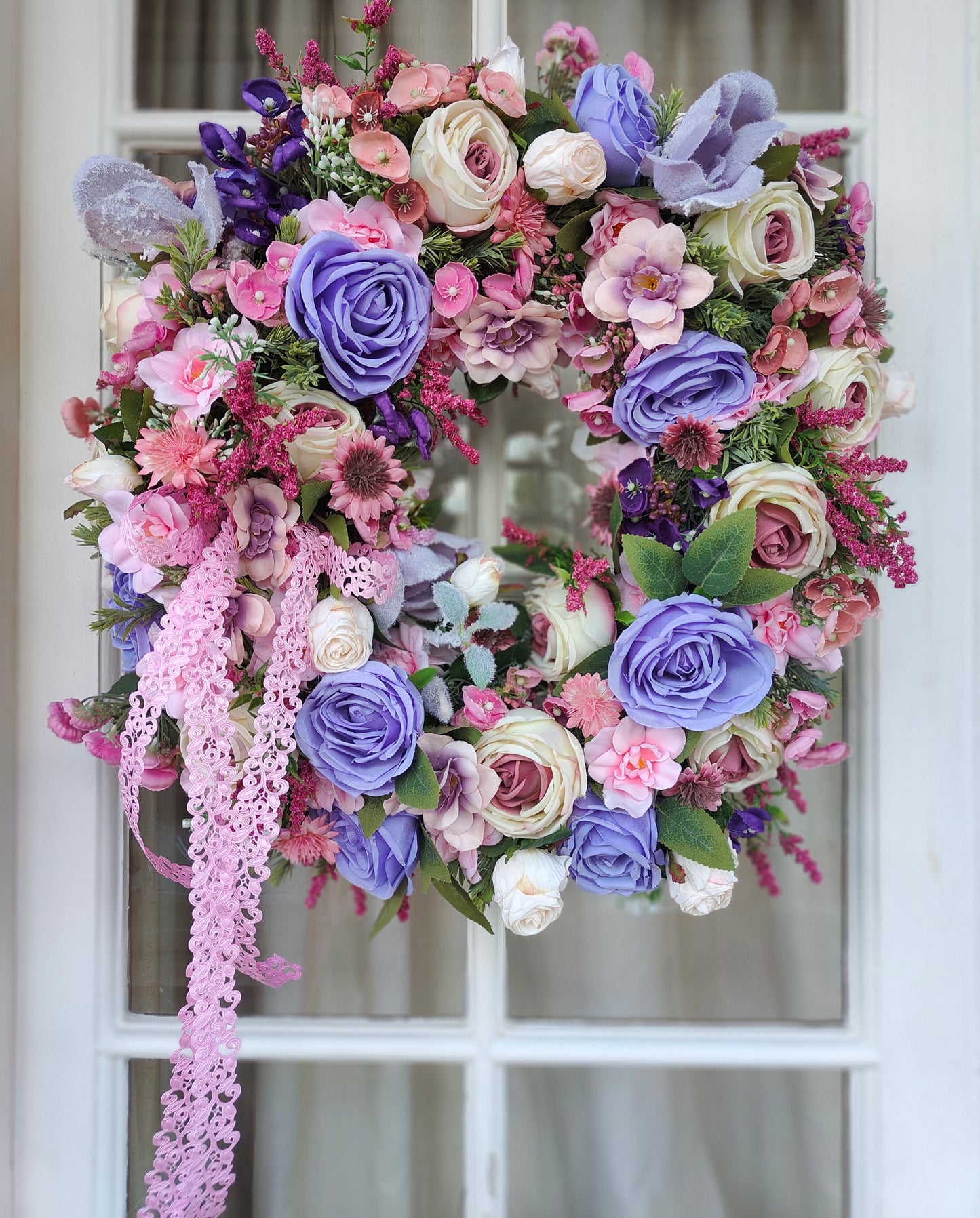 Pink lilac lavender wreath roses Bridgerton door wreath hanger large Spring Summer artificial flowers