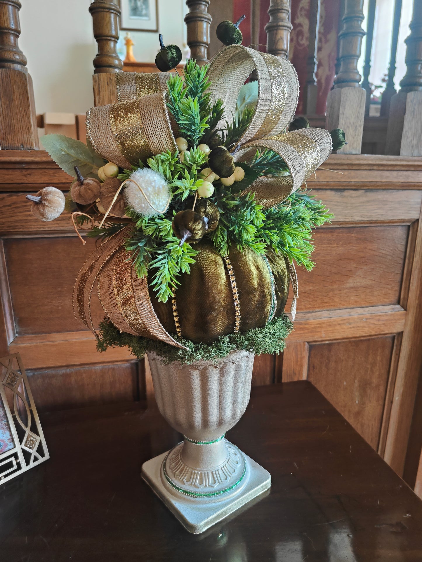 Autumn centrepiece pumpkin arrangement tall pedestal display bling pumpkin