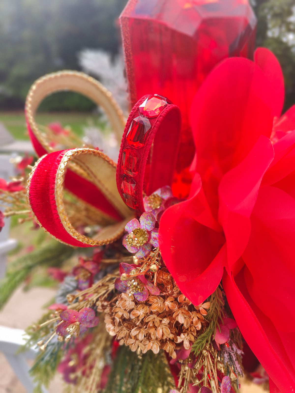 Large red Christmas candlestick gem centrepiece