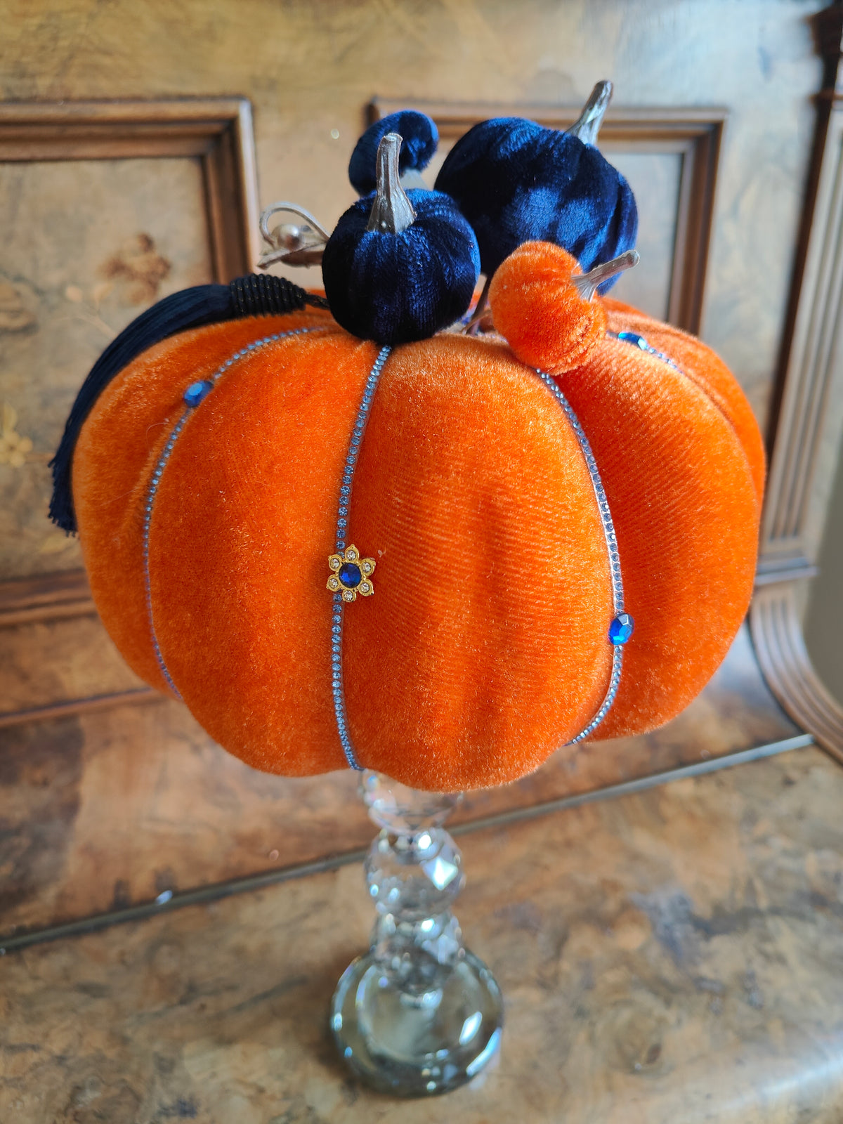 Pumpkin orange velvet bling embellished decorated pumpkin decor